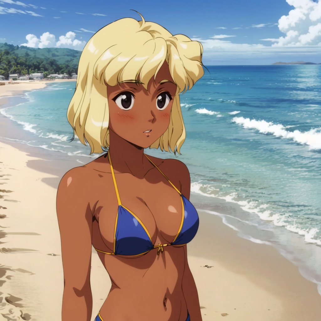 <lora:LisaVanetta002:0.7>,<lora:add_detail:0.5>,<lora:noline:0.3>,<lora:boldline:-0.3>,LisaVanetta,1girl,blonde hair,short hair,dark skin,solo,bikini,ocean,beach,sunshine,