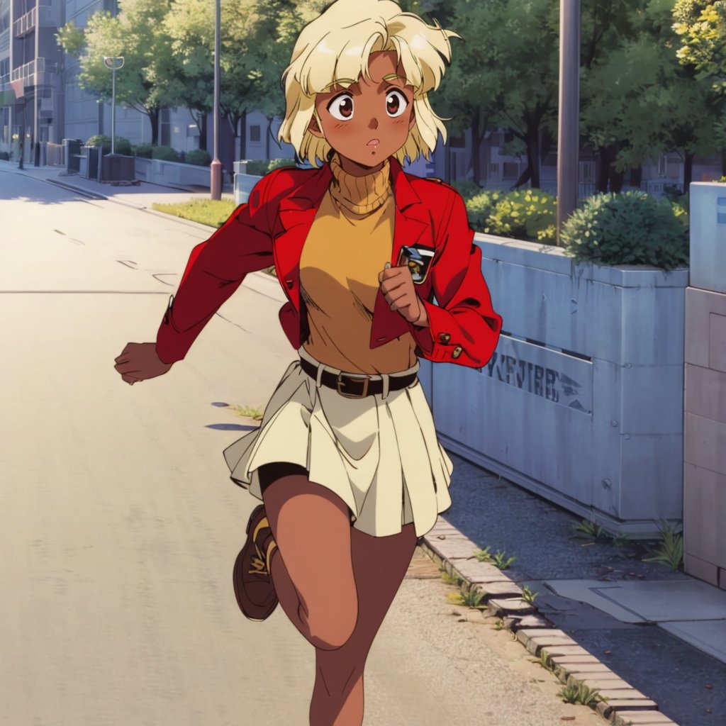 <lora:LisaVanetta002:0.7>,<lora:add_detail:0.5>,<lora:noline:0.3>,<lora:boldline:-0.3>,LisaVanetta,1girl,blonde hair,short hair,dark skin,red jacket,sweater,turtleneck,belt,yellow skirt,full body,running,