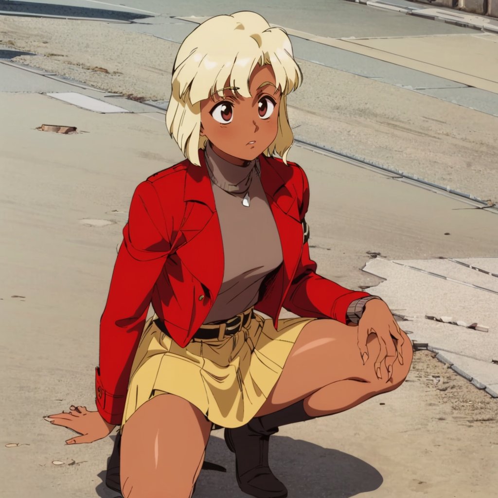 <lora:LisaVanetta002:0.7>,<lora:add_detail:0.5>,<lora:noline:0.3>,<lora:boldline:-0.3>,LisaVanetta,1girl,short hair,dark skin,red jacket,sweater,turtleneck,belt,yellow skirt,full body,squatting,(one knee:1.3),