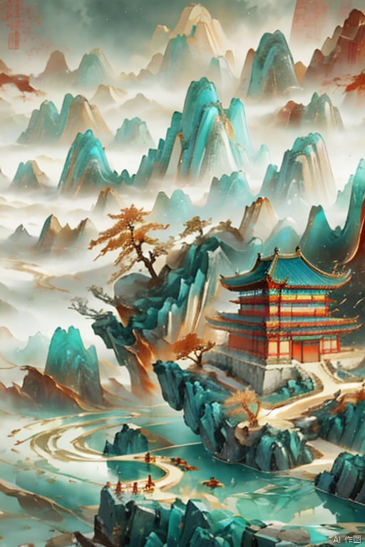  Miniature landscape, Chinese three-dimensional landscape painting, Zen aesthetics, Zen composition, Chinese architectural complex, red copper mine, ore crystallization, red mountains, flowing particles, macro lens, rich light, luminous mountains, mountains, clouds, minimalism, extreme details, incomparable details, film special effects, lifelike, 3D rendering, fine details,动漫