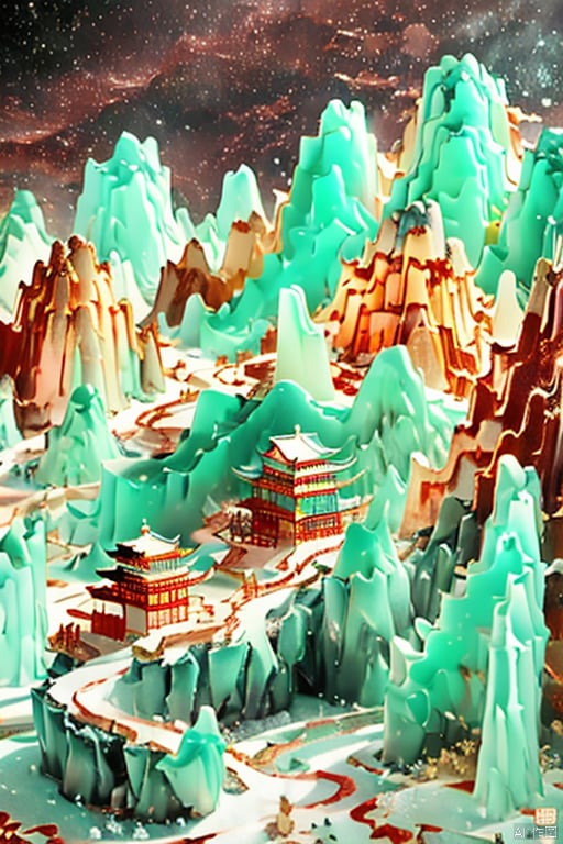  Miniature landscape,snow, Chinese three-dimensional landscape painting, Zen aesthetics, Zen composition,  red copper mine, ore crystallization, blue mountains, flowing particles, macro lens, rich light, luminous mountains, mountains, clouds, minimalism, extreme details, incomparable details, film special effects, lifelike, 3D rendering, fine details,