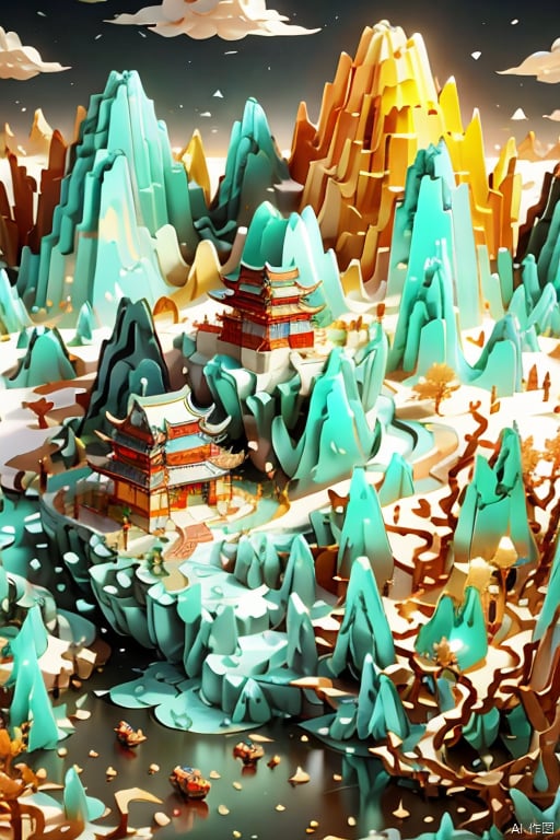  Miniature landscape, Chinese three-dimensional landscape painting, Zen aesthetics, Zen composition,  red copper mine, ore crystallization, blue mountains, flowing particles, macro lens, rich light, luminous mountains, mountains, clouds, minimalism, extreme details, incomparable details, film special effects, lifelike, 3D rendering, fine details,动漫,风景