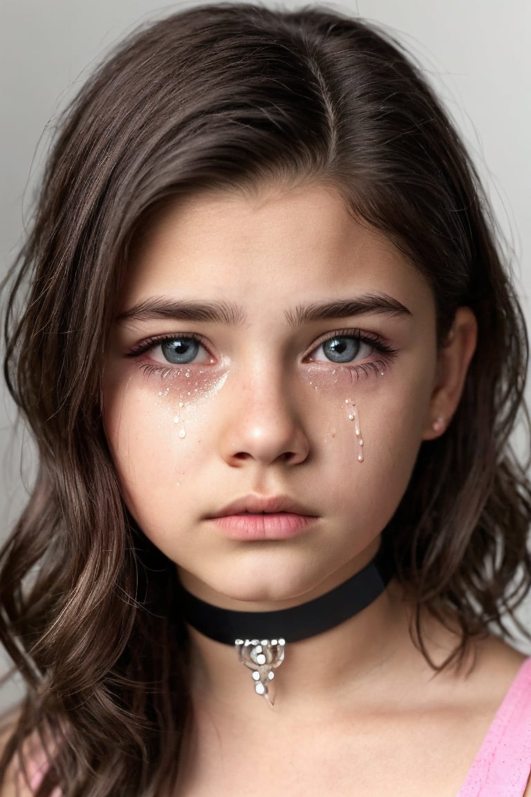 braz1l! 13 year old girl, long wavy dark hair, sad,  tears, super detailed face, perfect realistic eyes, pink choker, crop top, upper body portrait, facing viewer,photorealistic