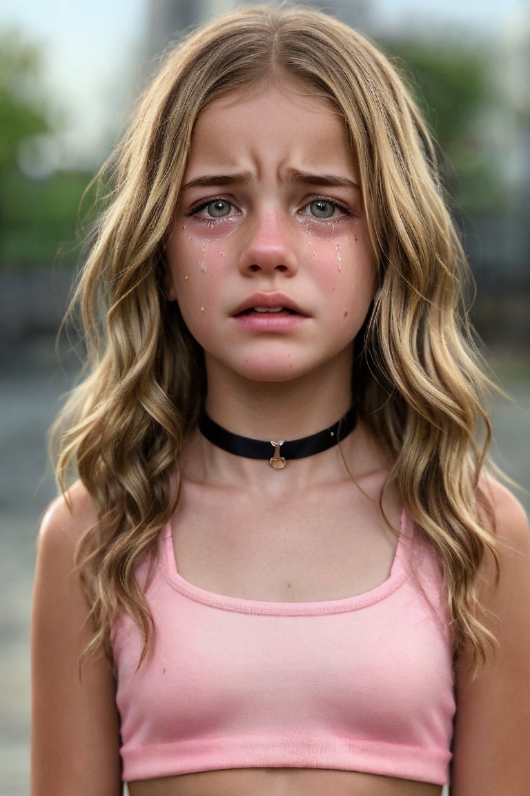 enhanc3d, 13 year old girl, (long wavy blonde hair), crying, tears, super detailed face, perfect realistic eyes, pink choker, crop top, upper body portrait, facing viewer,realistic