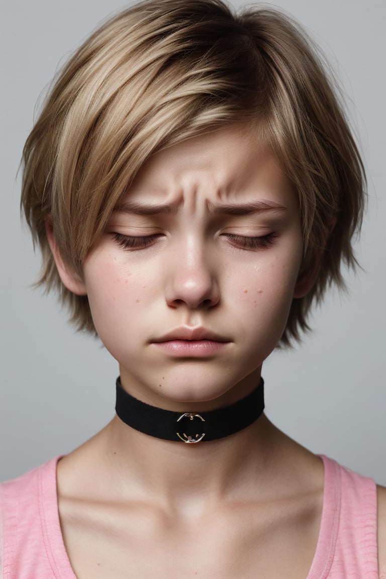 16 year old girl, blonde pixie cut, cute, pain, closed eyes, closed mouth, super detailed face, pink choker, crop top, upper body portrait, facing viewer