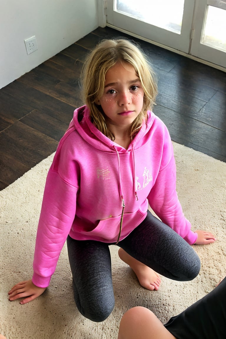 enhanc3d, view from above, 13 year old girl, blonde hair, sad, tears, eye contact, open pink hoodie, soft leggings, kneeling, upper body raised, facing viewer