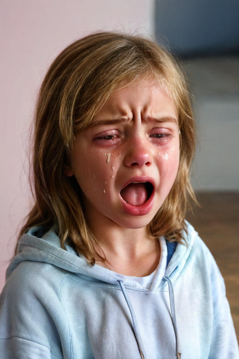 enhanc3d, view from above, 13 year old girl,  blonde, crying with eyes open, tears, eye contact, open mouth, super detailed face, open pink hoodie, upper body portrait, facing viewer