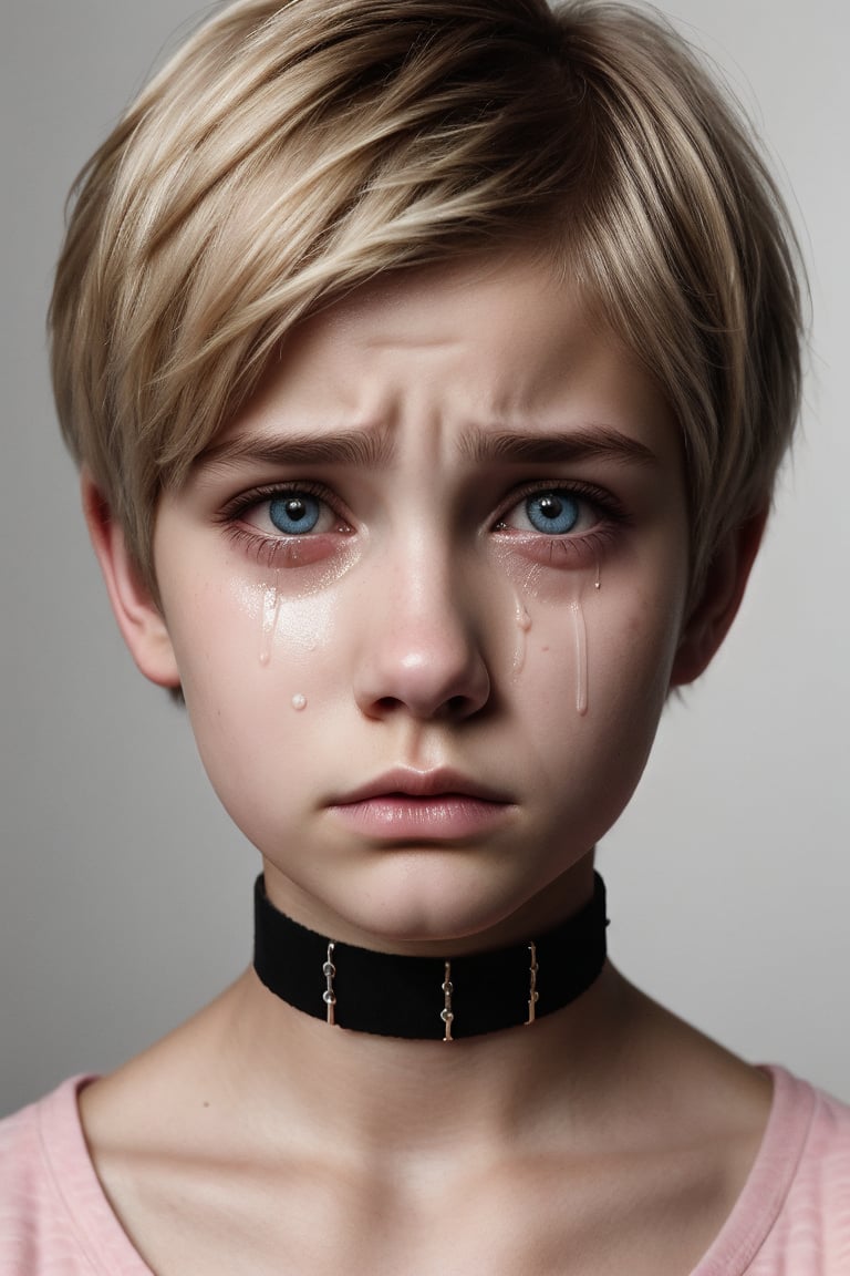 16 year old girl, blonde pixie cut, cute, sad,  tears, super detailed face, perfect realistic eyes, pink choker, crop top, upper body portrait, facing viewer