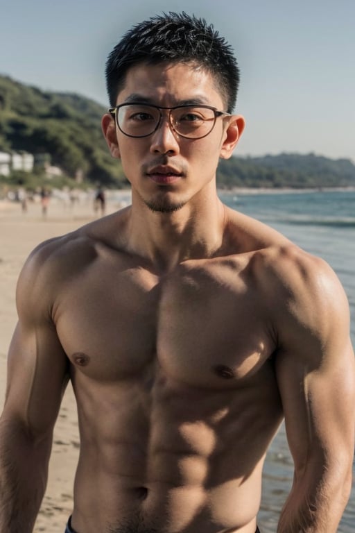 Asian man, handsome , glasses ,stubble, beach , summer , muscle, photorealistic , upper_body