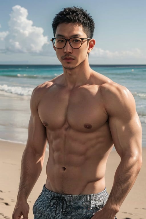 Asian man, handsome , glasses ,stubble, beach , summer , muscle, photorealistic , upper_body
