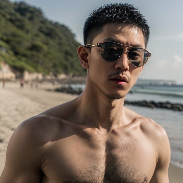 Asian man, handsome , orange sunglasses ,stubble, beach , summer , photorealistic ,