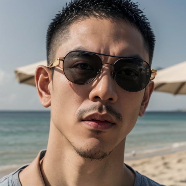 Asian man, handsome , orange sunglasses ,stubble, beach , summer , photorealistic , portrait
