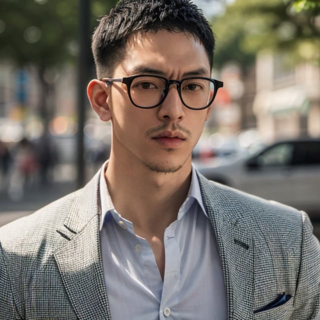 Asian man, handsome , glasses ,stubble, summer ,photorealistic , suit , 