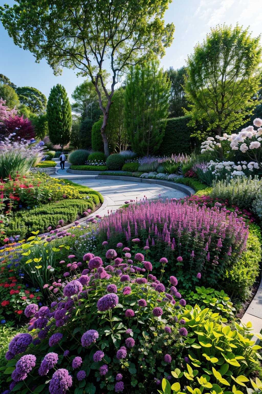  masterpiece,best quality, garden, path，road,tree,purple flowers,building