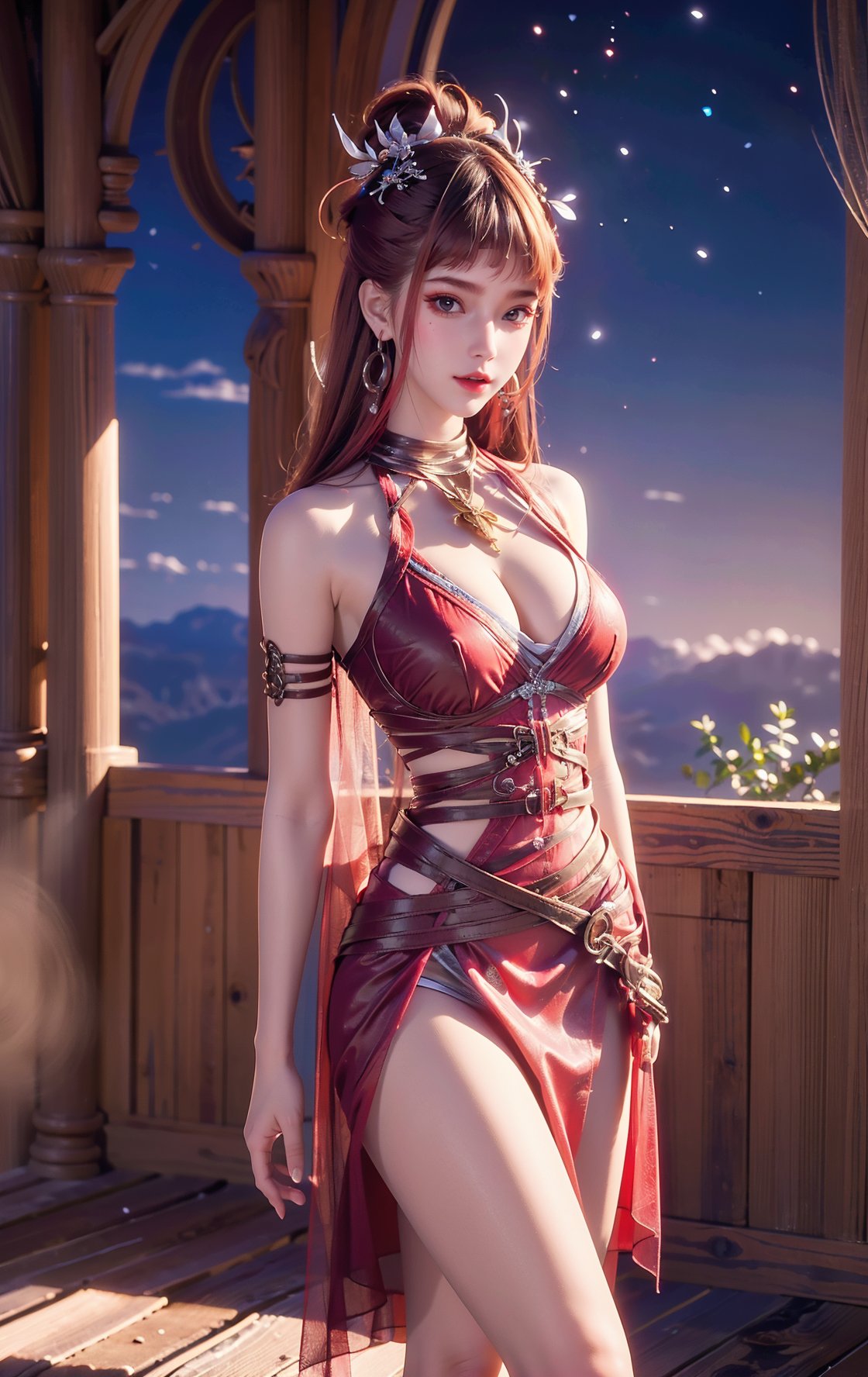 1girl, solo,best quality, highly detailed, highres, realistic, masterpiece, beautiful face,ultra-detailed,4K, night, indoors, detail face,
(looking at viewer:1.2),(standing:1.3),(cleavage:1.3), (bare shoulders:1.2), (bare legs:1.2),
earrings, belt, jewelry, red hair,  makeup, hair_ornament, lips, lipstick,fringe hair, Mole under right eye, BIG BREASTS,half chest exposed,nsfw:1.5,