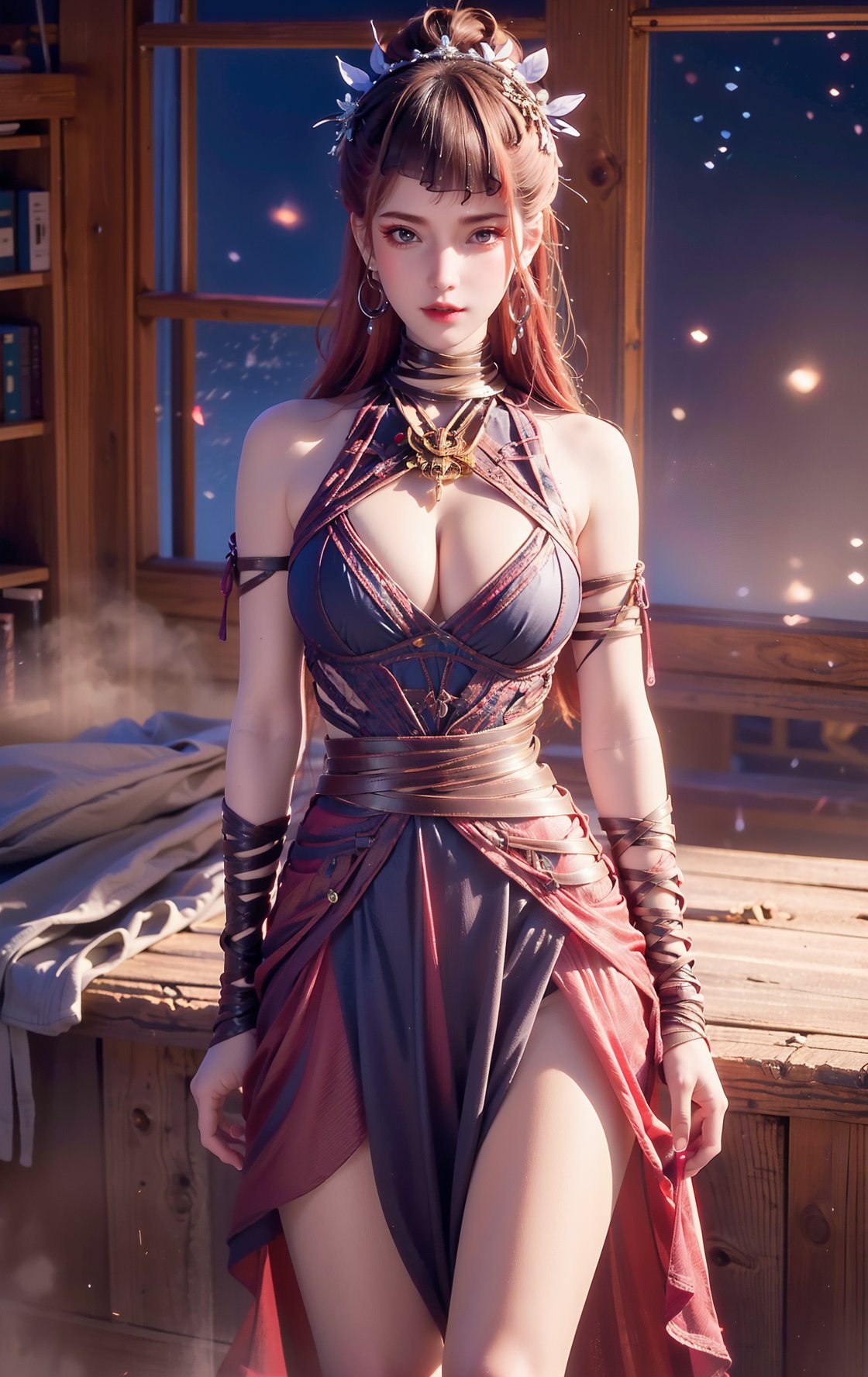 1girl, solo,best quality, highly detailed, highres, realistic, masterpiece, beautiful face,ultra-detailed,4K, night, indoors, detail face,
(looking at viewer:1.2),(standing:1.3),(cleavage:1.3), (bare shoulders:1.2), (bare legs:1.2),
earrings, belt, jewelry, red hair,  makeup, hair_ornament, lips, lipstick,fringe hair, Mole under right eye, BIG BREASTS,half chest exposed,nsfw:1.5,