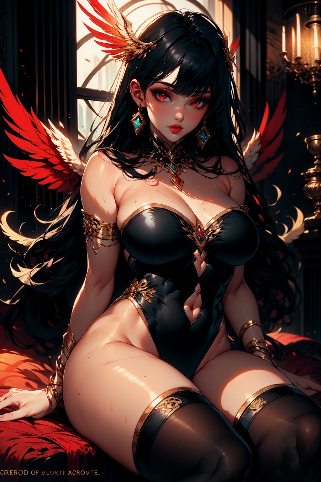 1girl, solo, long hair, breasts, looking at viewer, bangs, large breasts, black hair, red eyes, thighhighs, cleavage, bare shoulders, jewelry, sitting, closed mouth, thighs, earrings, parted lips, wings, black thighhighs, indoors, leotard, lips, parted bangs, strapless, makeup, watermark, highleg, gem, feathered wings, armlet, highleg leotard, strapless leotard, angel wings, red lips, gold
