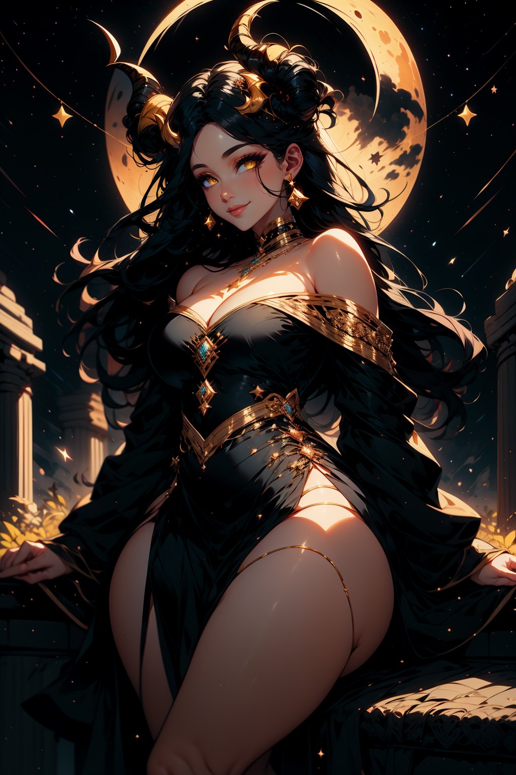 1girl, solo, long hair, breasts, looking at viewer, smile, large breasts, black hair, long sleeves, dress, cleavage, bare shoulders, jewelry, medium breasts, closed mouth, yellow eyes, earrings, horns, sky, off shoulder, black dress, lips, night, moon, demon horns, star \(sky\), night sky, starry sky, stairs, off-shoulder dress, long dress, crescent moon, pillar, arch, column,portrait