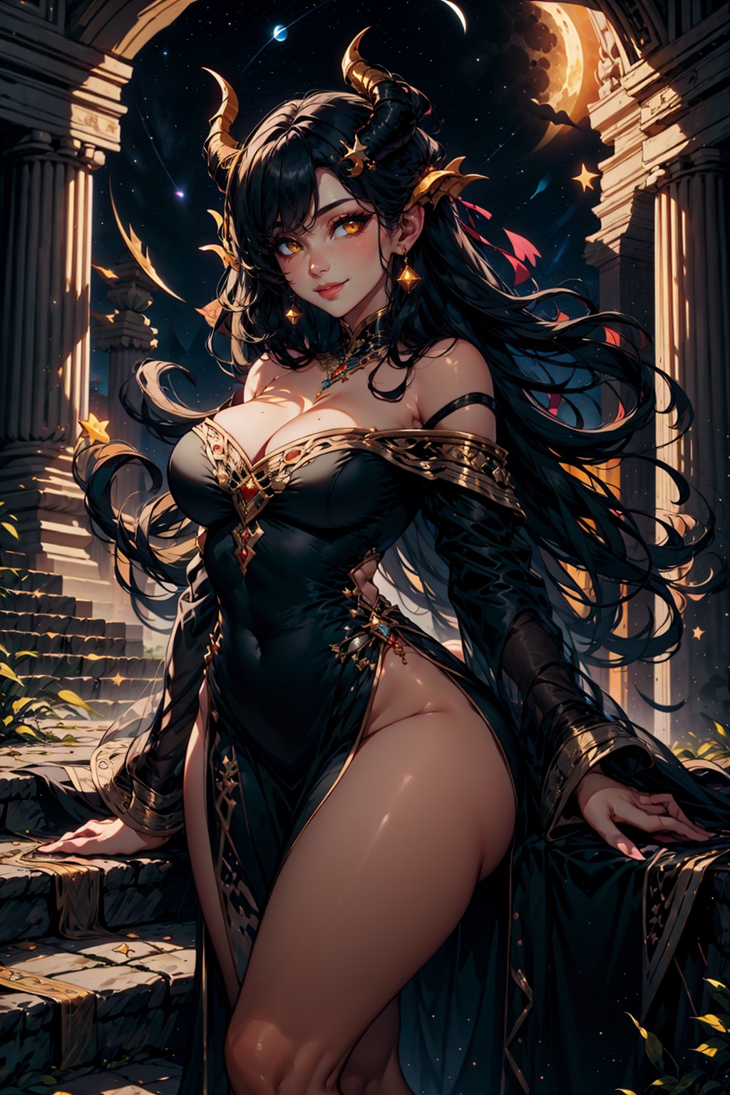 1girl, solo, long hair, breasts, looking at viewer, smile, large breasts, black hair, long sleeves, dress, cleavage, bare shoulders, jewelry, medium breasts, closed mouth, yellow eyes, earrings, horns, sky, off shoulder, black dress, lips, night, moon, demon horns, star \(sky\), night sky, starry sky, stairs, off-shoulder dress, long dress, crescent moon, pillar, arch, column