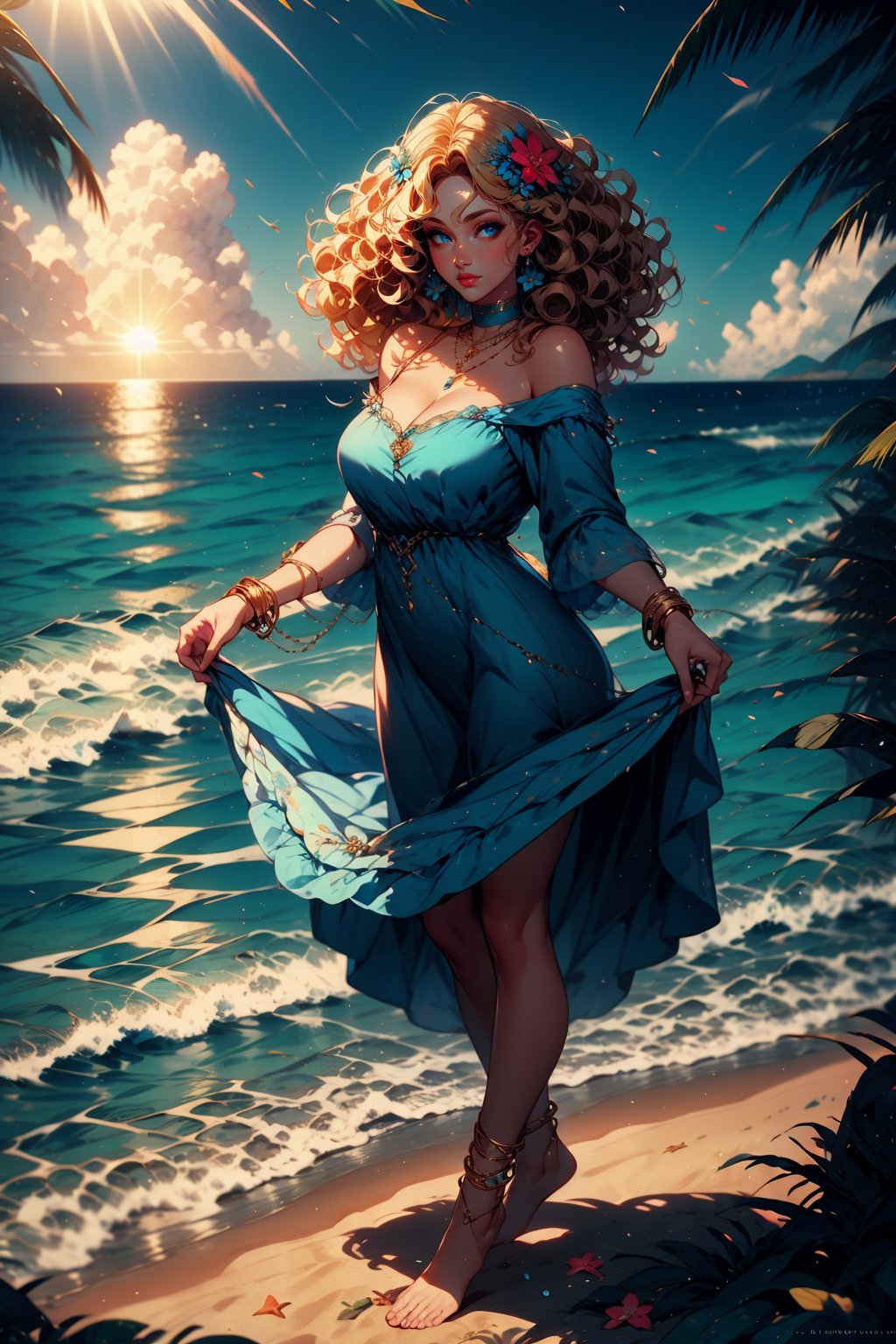 1girl, solo, long hair, breasts, looking at viewer, blue eyes, blonde hair, large breasts, hair ornament, dress, cleavage, bare shoulders, jewelry, standing, full body, flower, earrings, outdoors, sky, barefoot, choker, day, cloud, hair flower, water, necklace, off shoulder, bracelet, blue sky, lips, blue dress, shadow, ocean, watermark, wavy hair, beach, sunlight, web address, strap slip, curly hair, rock, skirt hold, sand, anklet, sun, waves