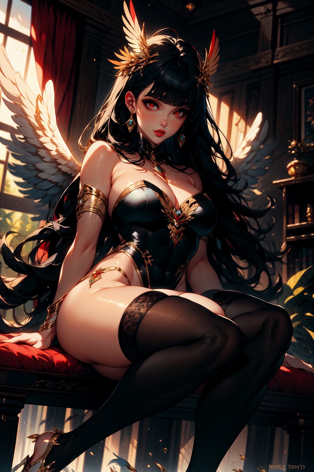 1girl, solo, long hair, breasts, looking at viewer, bangs, large breasts, black hair, red eyes, thighhighs, cleavage, bare shoulders, jewelry, sitting, closed mouth, thighs, earrings, parted lips, wings, black thighhighs, indoors, leotard, lips, parted bangs, strapless, makeup, watermark, highleg, gem, feathered wings, armlet, highleg leotard, strapless leotard, angel wings, red lips, gold