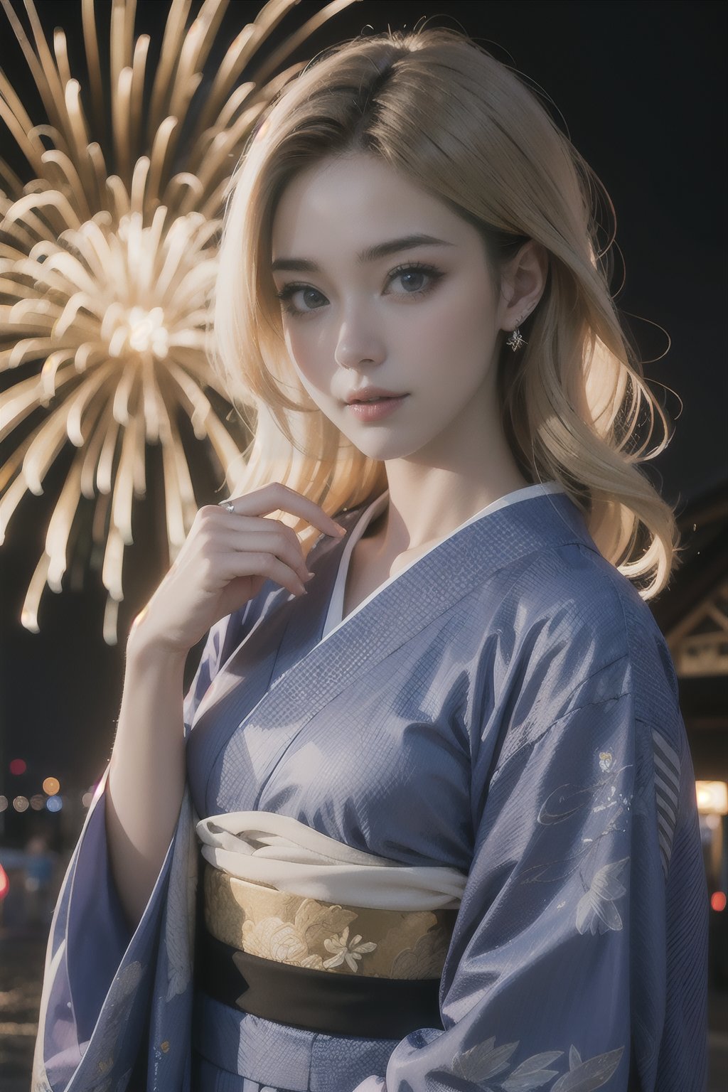 (best quality, masterpiece, colorful, dynamic angle, highest detailed) Realistic photo, fashion photography of a cute European girl with iridiscent blonde hair, flirting with POV, in traditional japanese gold&black kimono, ultra detailed kimono textures, perfect night, kyoto, fireworks, (intricate details, hyperdetailed:1.15), detailed, moonlight passing through hair, (official art, extreme detailed, highest detailed), HDR+
