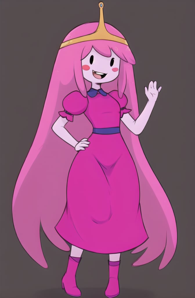 full body, 1girl, solo, long hair, no breasts, looking at viewer, smile, open mouth, simple background, gloves, dress, very long hair, pink hair, short sleeves, teeth, puffy sleeves, small breasts, black, dot eyes, puffy short sleeves, hands up, colored skin, blush stickers, crown, pink dress, purple, narrow hips, pink skin, simple face, princessbubblegum, skinny, skinny legs, narrow waist, covered legs, tall girl, skinny tall girl, skinny arms