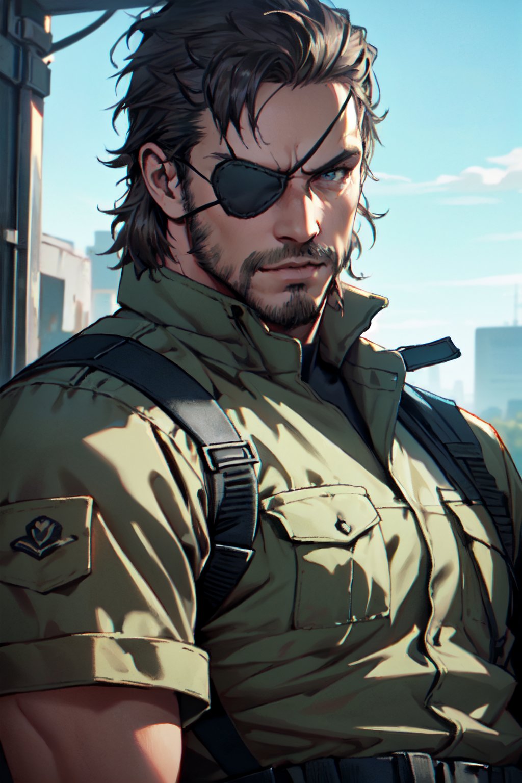 (1 image only), solo male, 1boy, Big Boss, Metal Gear Solid, facial hair, eyepatch, handsome, mature, charming, alluring, upper body in frame, perfect anatomy, perfect proportions, 8k, HQ, (best quality:1.2, hyperrealistic:1.2, photorealistic:1.2, masterpiece:1.3, madly detailed photo:1.2), (hyper-realistic lifelike texture:1.2, realistic eyes:1.2), high_resolution, perfect eye pupil, dutch angle