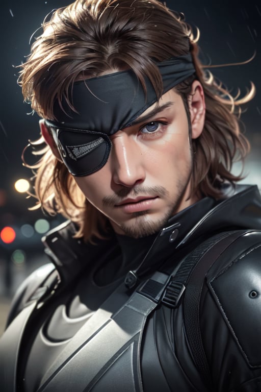 (1 image only), solo male, 1boy, Big Boss, Metal Gear Solid, bslue eyes, brown hair, facial hair, (eyepatch, grey headband), sneaking suit, handsome, mature, charming, alluring, upper body in frame, perfect anatomy, perfect proportions, 8k, HQ, (best quality:1.2, hyperrealistic:1.2, photorealistic:1.2, masterpiece:1.3, madly detailed photo:1.2), (hyper-realistic lifelike texture:1.2, realistic eyes:1.2), high_resolution, perfect eye pupil, dutch angle, dynamic, action, raining, night