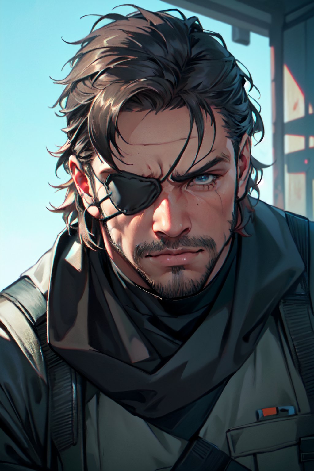 (1 image only), solo male, 1boy, Big Boss, Metal Gear Solid, facial hair, eyepatch, grey bandana, handsome, mature, charming, alluring, upper body in frame, perfect anatomy, perfect proportions, 8k, HQ, (best quality:1.2, hyperrealistic:1.2, photorealistic:1.2, masterpiece:1.3, madly detailed photo:1.2), (hyper-realistic lifelike texture:1.2, realistic eyes:1.2), high_resolution, perfect eye pupil, dutch angle