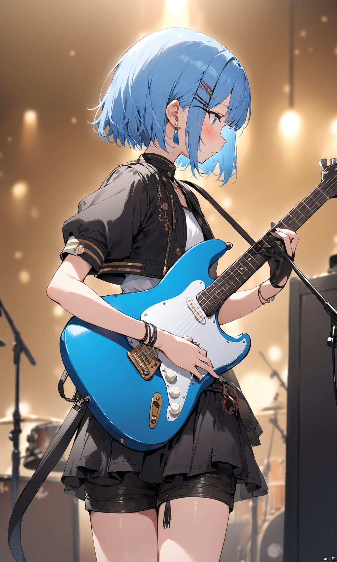  (masterpiece), (best quality), loli,1girl, solo, gloves, tassel, instrument, short sleeves, blue hair, earrings, guitar, holding, hair ornament, black gloves, jewelry, short hair, tassel earrings, shirt, cropped jacket, electric guitar, shorts, music, puffy sleeves, jacket, single glove, cowboy shot, blurry background, black jacket, holding instrument, puffy short sleeves, blurry, bangs, half gloves, frills, standing, profile, blue eyes, white shirt, from side, playing instrument, blush, hairclip