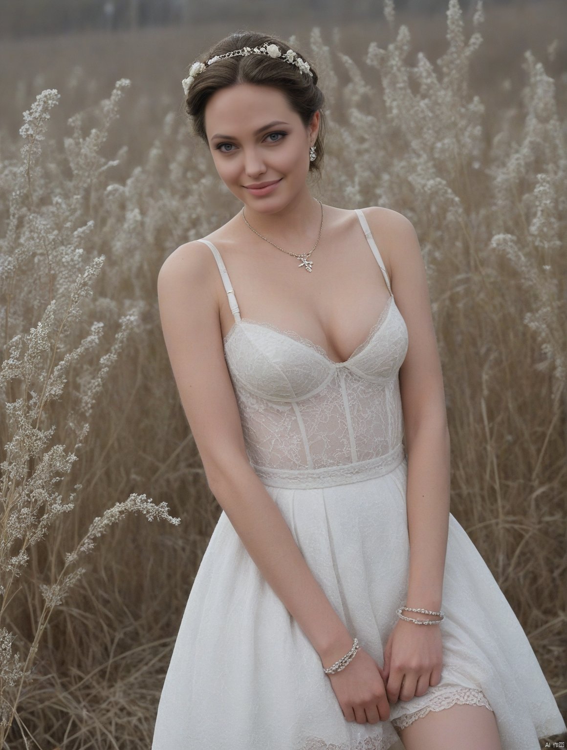  (((full body))), Realistic, masterpiece, highest quality, high resolution, extreme details, 1 girl, solo, bun, headdress, delicate eyes, beautiful face, shallow smile, delicate necklace, suspender dress, white lace dress, light gauze, snow-white skin, delicate skin texture, silver bracelet, pantyhose, high heels, elegant standing, outdoor, blue sky, white clouds, flowers, flowers, grass, movie light, light, light tracking, (Nikon AF-S 105mm f / 1.4E ED), MAJICMIX STYLE,  Angelina Jolie