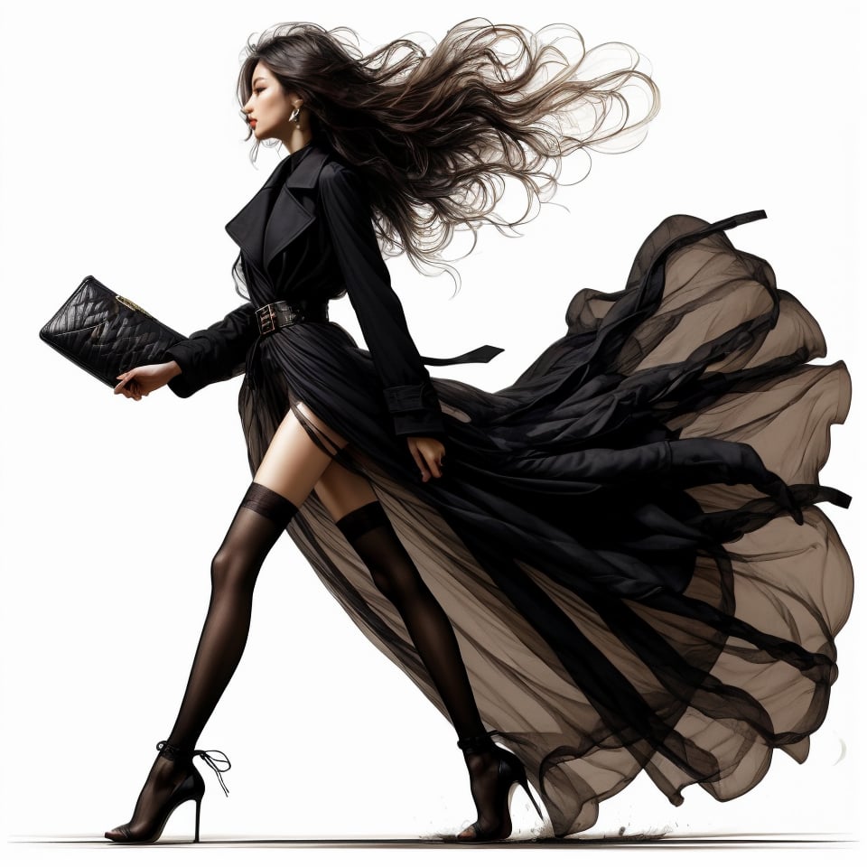 1girl, solo, long hair, simple background, black hair, thighhighs, long sleeves, white background, dress, holding, full body, shoes, belt, black thighhighs, bag, black footwear, black dress, high heels, from side, coat, profile, makeup, lipstick, side slit, walking, black coat, handbag, holding bag, briefcase, stiletto heels