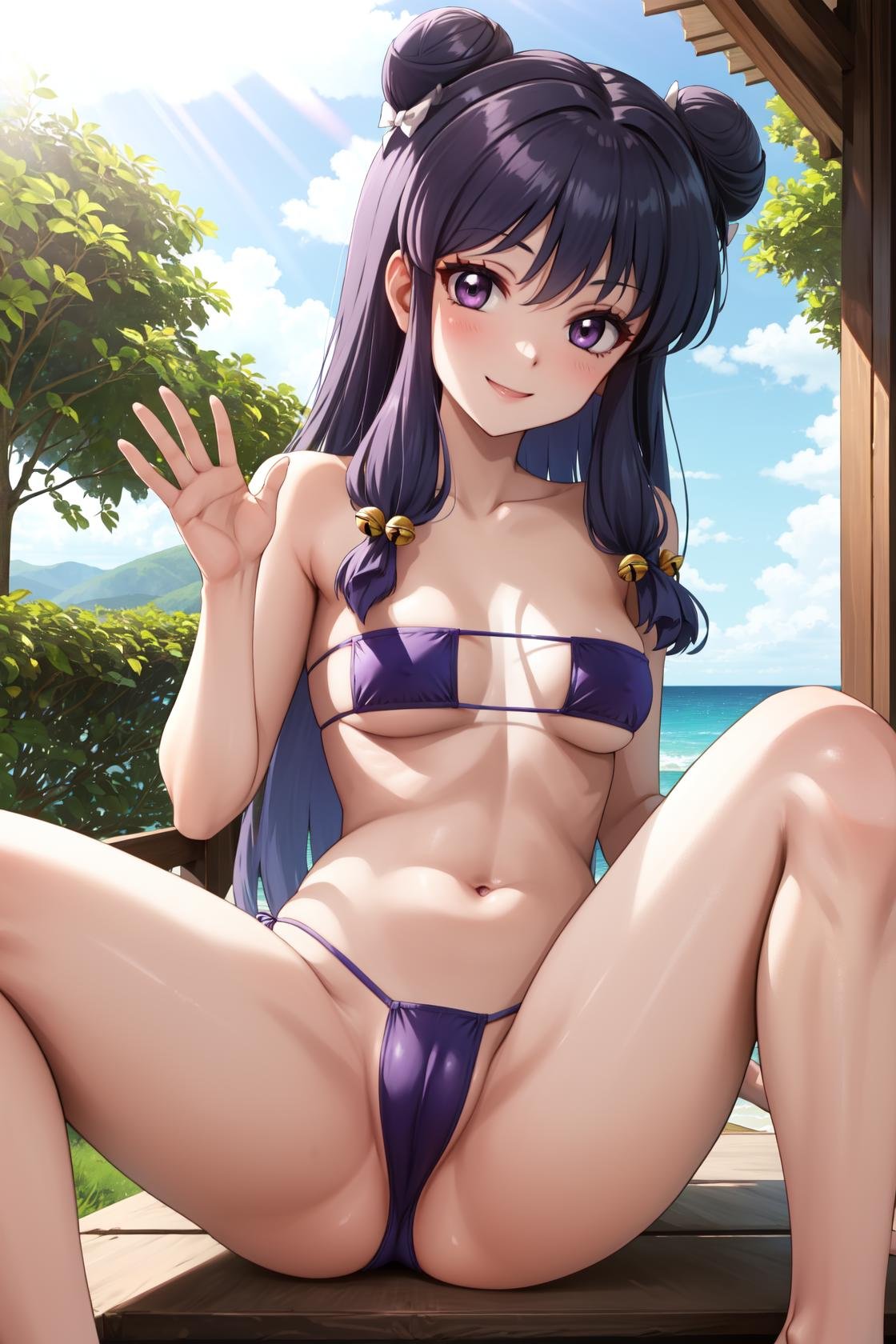 masterpiece, best quality, highres,ShampooDef, 1girl, solo, purple eyes, purple hair, hair bun, bell, double bun, jingle bell, long hair, breasts, blush, smile, bangs, hair ornament, bow, sidelocks, shampoo (ranma 1/2),EyepatchBikiniDef, swimsuit, bikini, micro bikini, eyepatch bikini, sitting, spread legs, cameltoe, looking at viewer, hand on hip, waving, forest, sunlight, cloudy, laughing, <lora:Shampoo:1>,  <lora:Concept_Eyepatch:1>