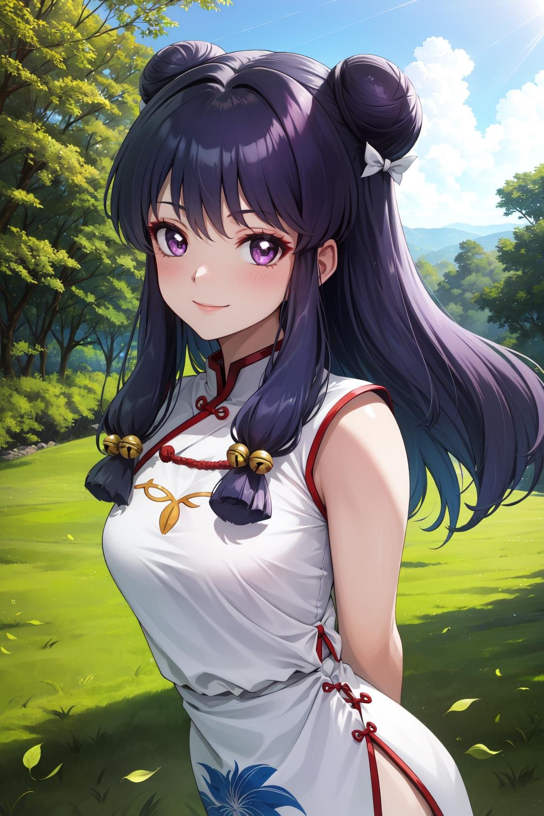 masterpiece, best quality, highres,ShampooDef, 1girl, solo, purple eyes, purple hair, hair bun, bell, double bun, jingle bell, long hair, breasts, blush, smile, bangs, hair ornament, bow, sidelocks, shampoo (ranma 1/2),dress, chinese clothes, china dress, upper body, arms behind back, looking at viewer, outdoors, forest, field, sky, blue sky, sunlight, <lora:Shampoo:1>