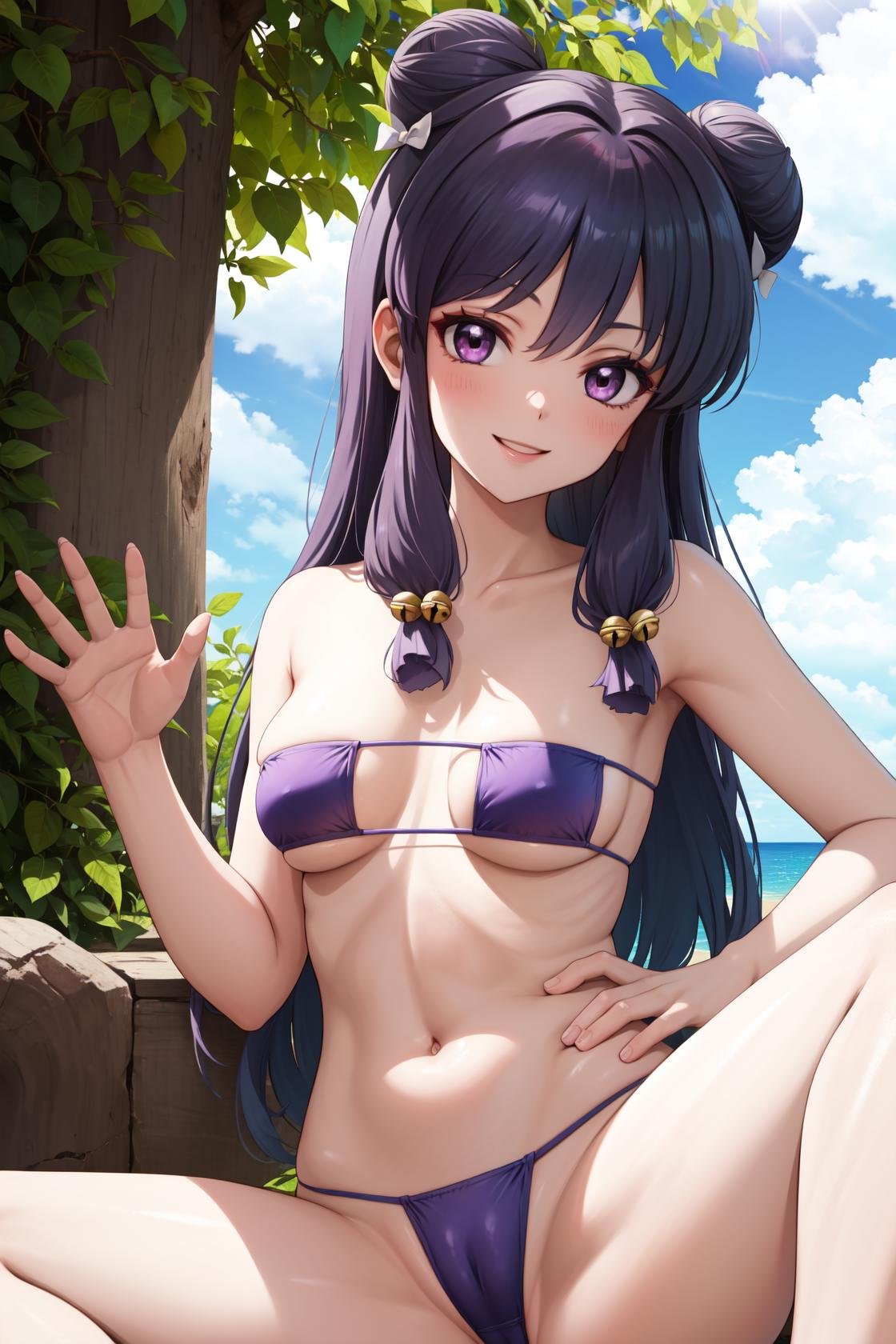 masterpiece, best quality, highres,ShampooDef, 1girl, solo, purple eyes, purple hair, hair bun, bell, double bun, jingle bell, long hair, breasts, blush, smile, bangs, hair ornament, bow, sidelocks, shampoo (ranma 1/2),EyepatchBikiniDef, swimsuit, bikini, micro bikini, eyepatch bikini, sitting, spread legs, cameltoe, looking at viewer, hand on hip, waving, forest, sunlight, cloudy, laughing, <lora:Shampoo:1>,  <lora:Concept_Eyepatch:1>