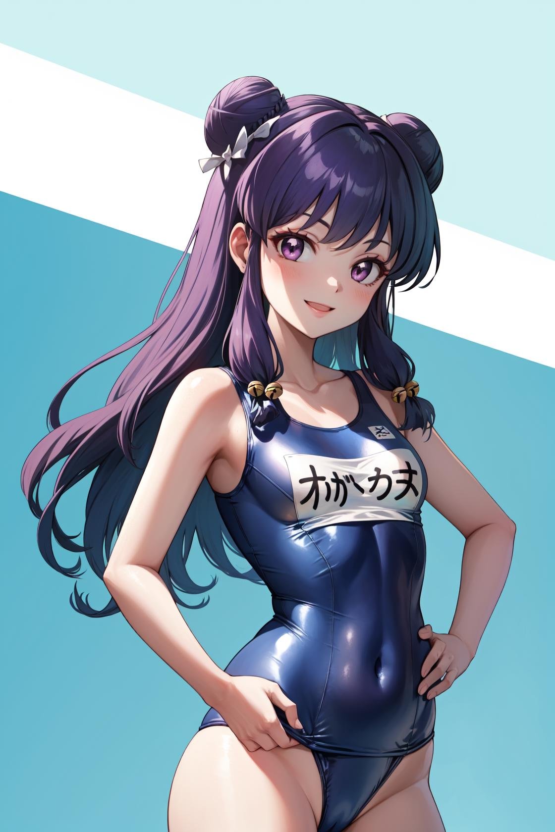 masterpiece, best quality, highres,ShampooDef, 1girl, solo, purple eyes, purple hair, hair bun, bell, double bun, jingle bell, long hair, breasts, blush, smile, bangs, hair ornament, bow, sidelocks, shampoo (ranma 1/2),swimsutdef, swimsuit, one-piece swimsuit, school swimsuit, old school swimsuit, covered navel, collarbone, blue one-piece swimsuit, name tag, cowboy shot, looking at viewer, hands on hips, forest, sunlight, cloudy, laughing, <lora:Shampoo:1>, <lora:LoRA_Swimsuit:1>