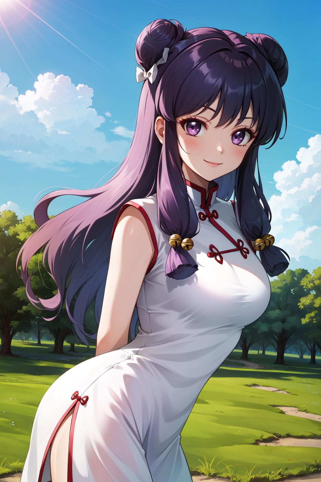 masterpiece, best quality, highres,ShampooDef, 1girl, solo, purple eyes, purple hair, hair bun, bell, double bun, jingle bell, long hair, breasts, blush, smile, bangs, hair ornament, bow, sidelocks, shampoo (ranma 1/2),dress, chinese clothes, china dress, cowboy shot, arms behind back, looking at viewer, outdoors, forest, field, sky, blue sky, sunlight, <lora:Shampoo:1>