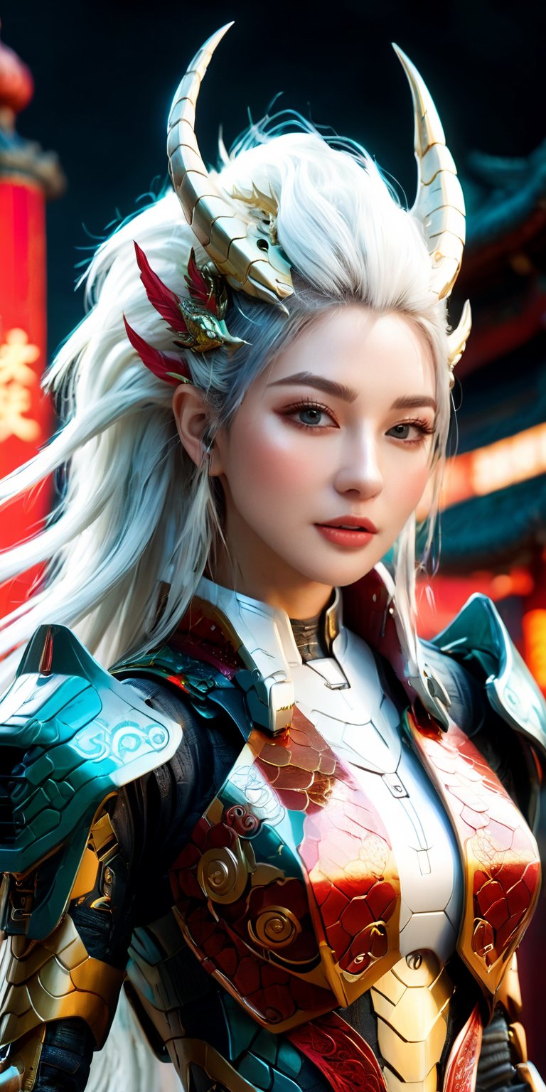 Full body portrait of a robot female with a human face, dragon skin, and dragon scale pattern, holding a dragon head weapon, long white hair, dragon-themed attire, set in outer space with a complex background featuring Chinese Dragon, Mecha, and Cyberpunk elements, by FuturEvoLab, (masterpiece: 2), best quality, ultra highres, original, extremely detailed, perfect lighting, vibrant colors, dynamic composition, (complex background:1.1), futuristic and imaginative,Oriental Dragon,Mecha,Chinese Dragon