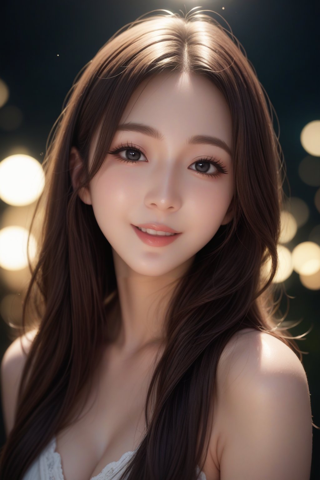 score_9, score_8_up, score_7_up, masterpiece, best quality, 
BREAK
1girl, solo, Japanese girl, Beauty, beautiful eyes, long eyelashes, black eyes, smile, long hair, brown hair, upper body, black eyes, lips, realistic, out of focus foreground and background, depth of field, soft bokeh, soft lighting bathes the body and face, 
