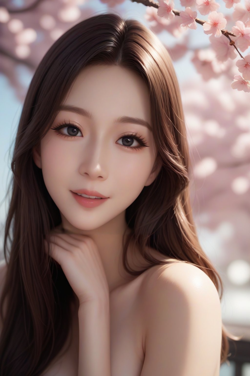 score_9, score_8_up, score_7_up, masterpiece, best quality, 
BREAK
1girl, solo, long hair, brown hair, upper body, Beauty, beautiful eyes, long eyelashes, black eyes, smile, lips, cherry blossoms, out of focus foreground and background, depth of field, soft bokeh, soft lighting bathes the body and face, 