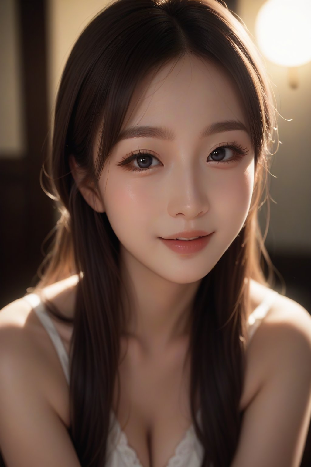 score_9, score_8_up, score_7_up, masterpiece, best quality, 
BREAK
1girl, solo, Japanese girl, Beauty, beautiful eyes, long eyelashes, black eyes, smile, long hair, brown hair, upper body, black eyes, lips, realistic, out of focus foreground and background, depth of field, soft bokeh, soft lighting bathes the body and face, 
