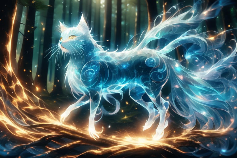 9 tails cat  in dark forest, shimmering light shining , the body was full of zen tangles patterns, shine. 
4 legs , trying to jump
With shining long hair and wavy tails
Masterpiece, 8k , full of details 