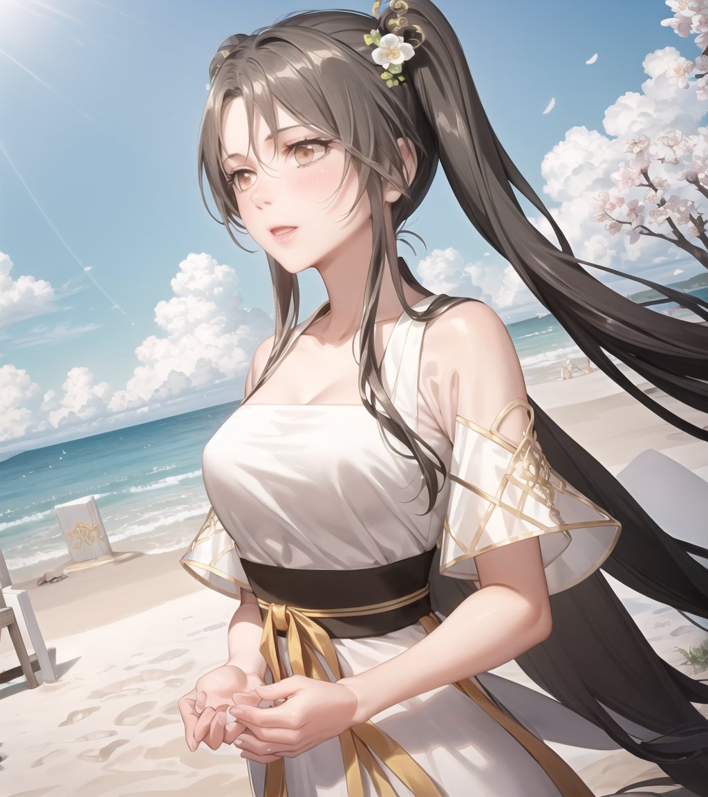 ray tracing, {best quality},  {{masterpiece}},  {highres},  original,  extremely detailed 8K wallpaper,  {an extremely delicate and beautiful}, extremely detailed CG unity 8k wallpaper, beachday, outdoorsdetailed background, Cherry blossoms, 
1girl,  standing,  long hair, brown hair, brown eyes, hair ornament, twintails