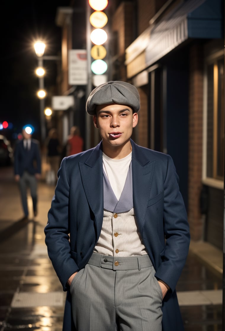 PBHAT, young man of 30 year-old in stylish 20s suit white and gray beret, standing next to a street light, smoking a cigarette, on rainy night