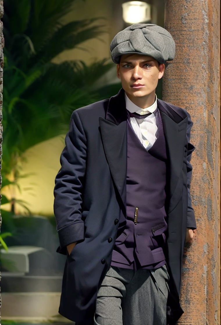 PBHAT, young man of 30 year-old in stylish 20s suit white and gray beret, standing next to a street light, on rainy night