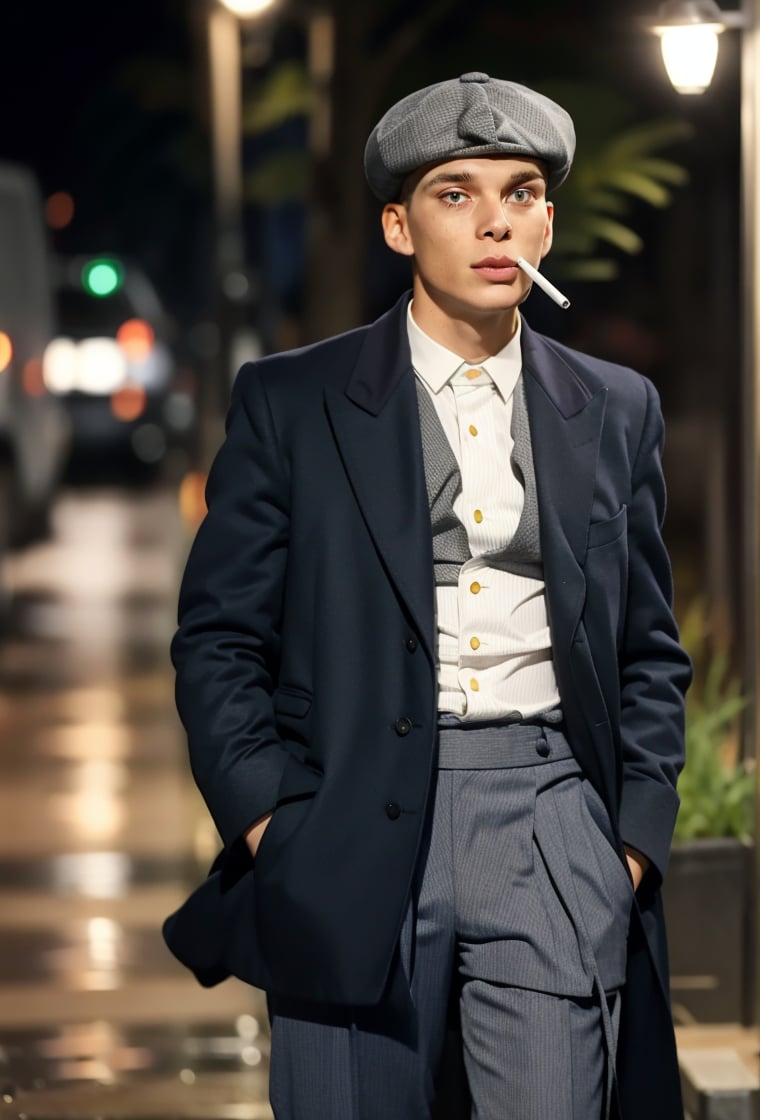 PBHAT, young man of 30 year-old in stylish 20s suit white and gray beret, standing next to a street light, smoking a cigarette, on rainy night