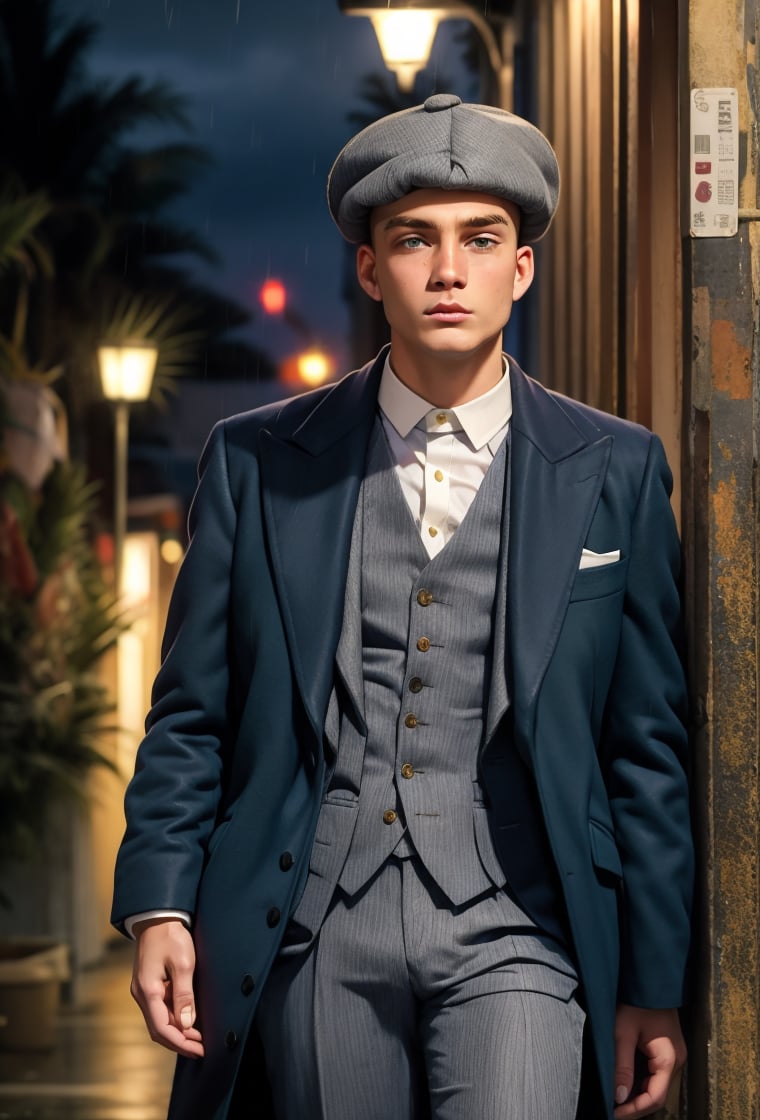 PBHAT, young man of 30 year-old in stylish 20s suit white and gray beret, standing next to a street light, on rainy night