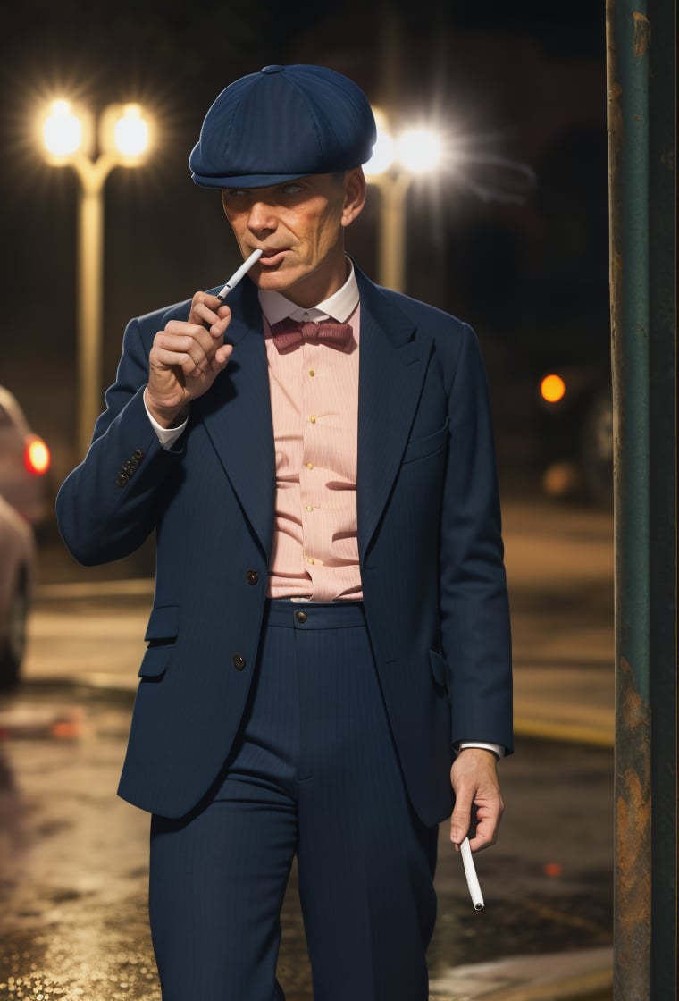 PBHAT, man in stylish 20s suit, standing next to a street light, smoking a cigarette, on rainy night