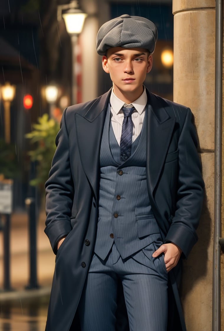 PBHAT, young man of 30 year-old in stylish 20s suit white and gray beret, standing next to a street light, on rainy night